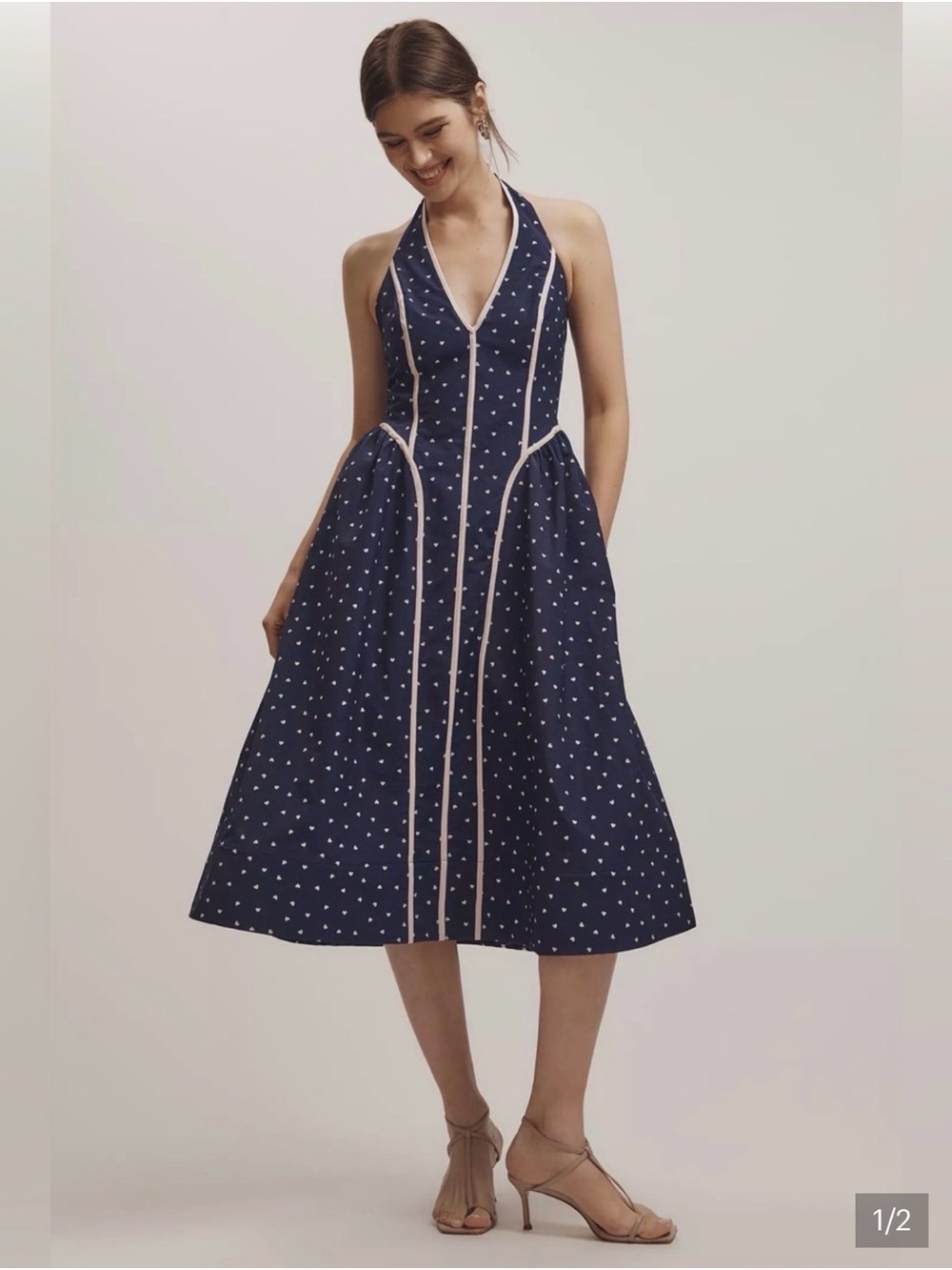 Maeve Navy Polka Dot Halter Midi Dress with Cream Piping